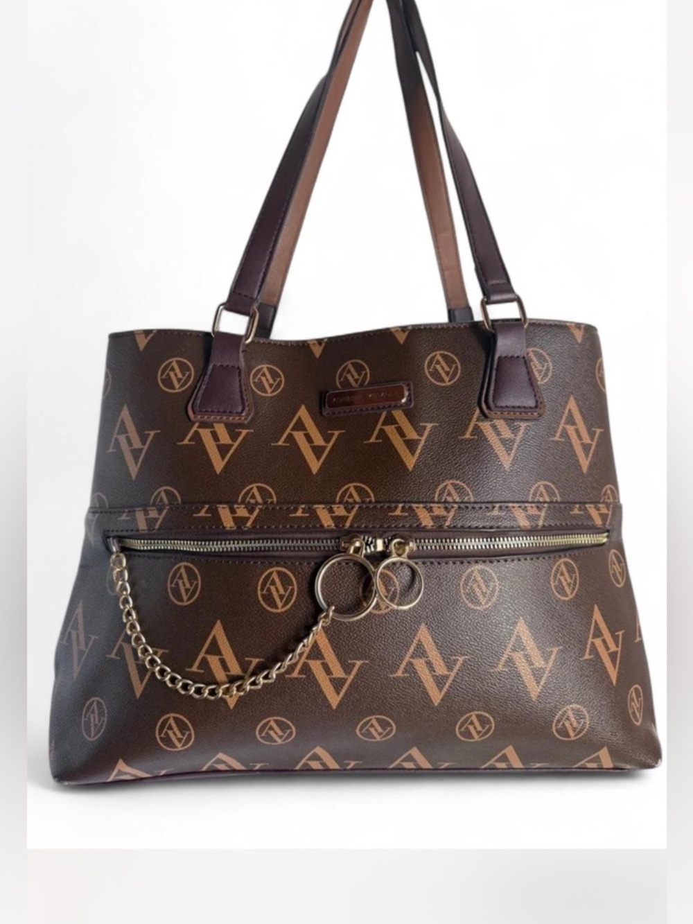 Addreinne  Vittadini Monogram Brown Tote with Gold Chain Accent